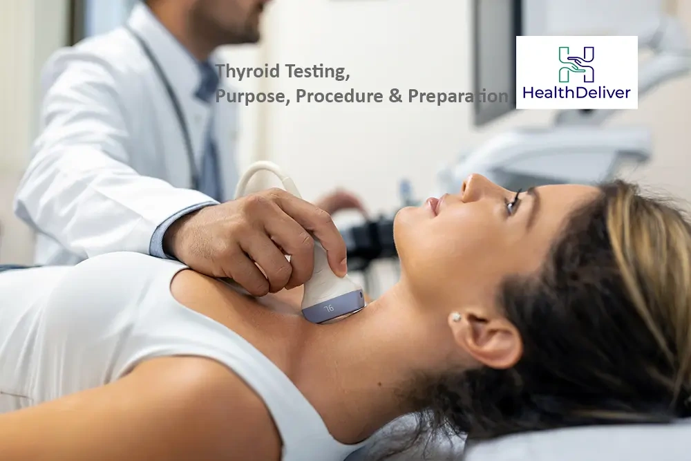 Doctor performing thyroid ultrasound examination on female patient