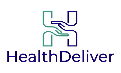 HealthDeliver logo with interconnected hands in teal and navy blue