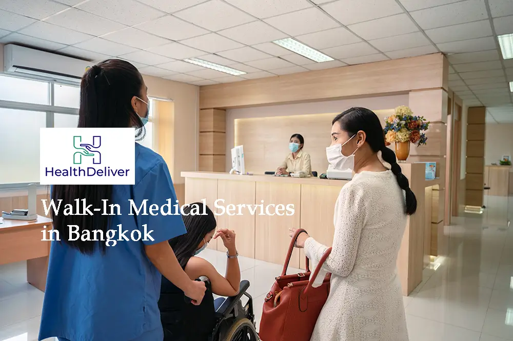 Healthcare provider assisting patient at medical clinic reception desk Bangkok