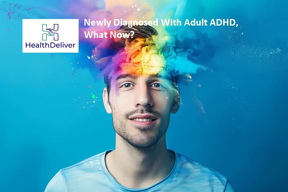 Man with colorful brain illustration representing adult ADHD diagnosis and treatment options
