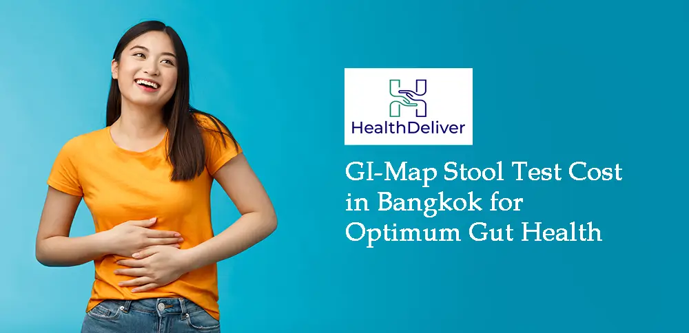 Woman in yellow shirt holding stomach smiling at HealthDeliver GI-Map test information