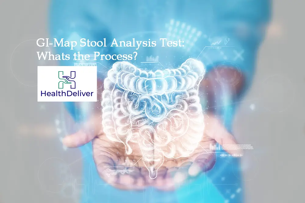 Doctor holding glowing intestines illustration with medical data analytics overlay