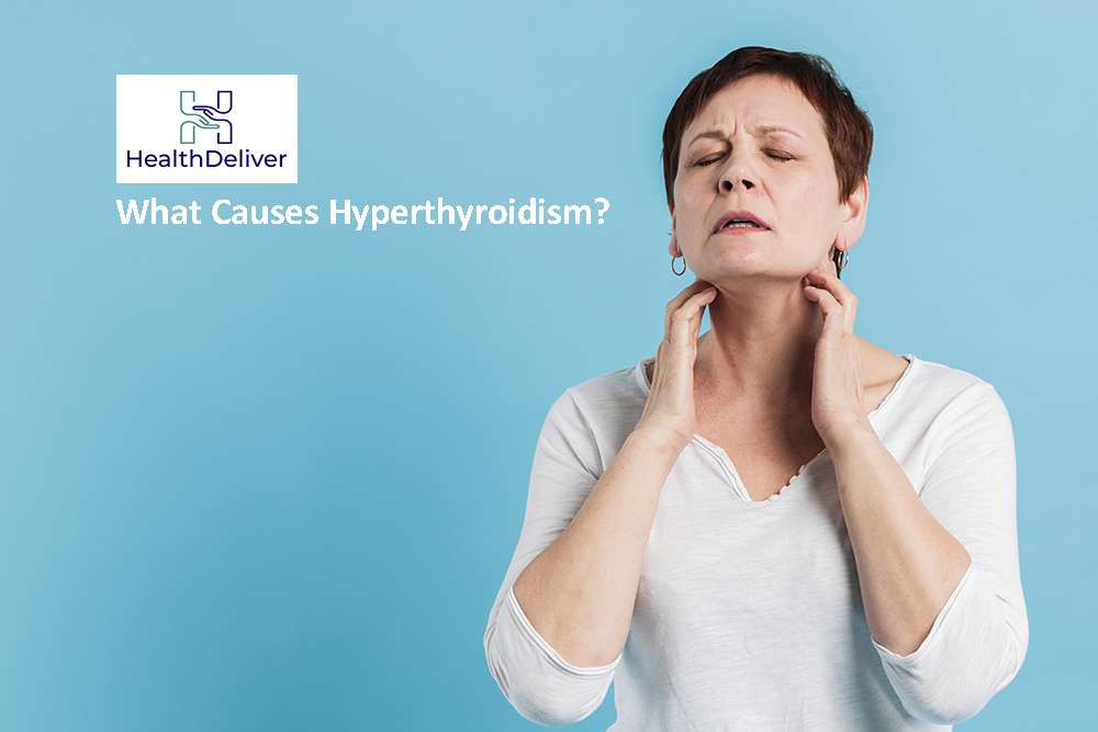 Woman touching neck with thyroid discomfort against blue background