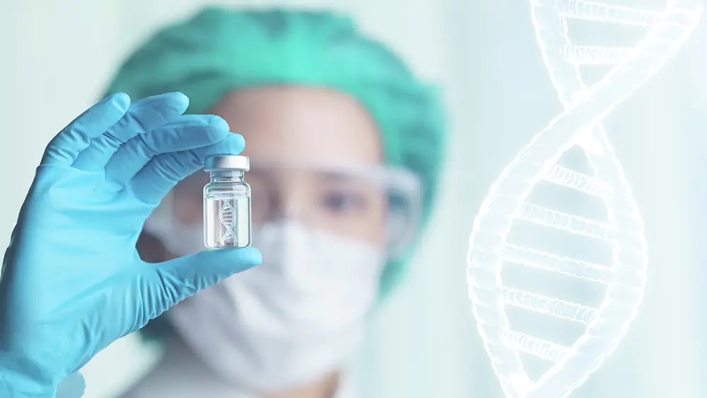Healthcare professional holding transparent vial with DNA strand icon symbol