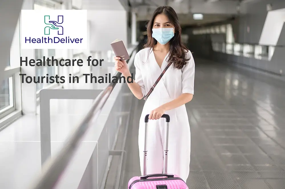 Healthcare professional in white coat holding passport with pink luggage in airport corridor