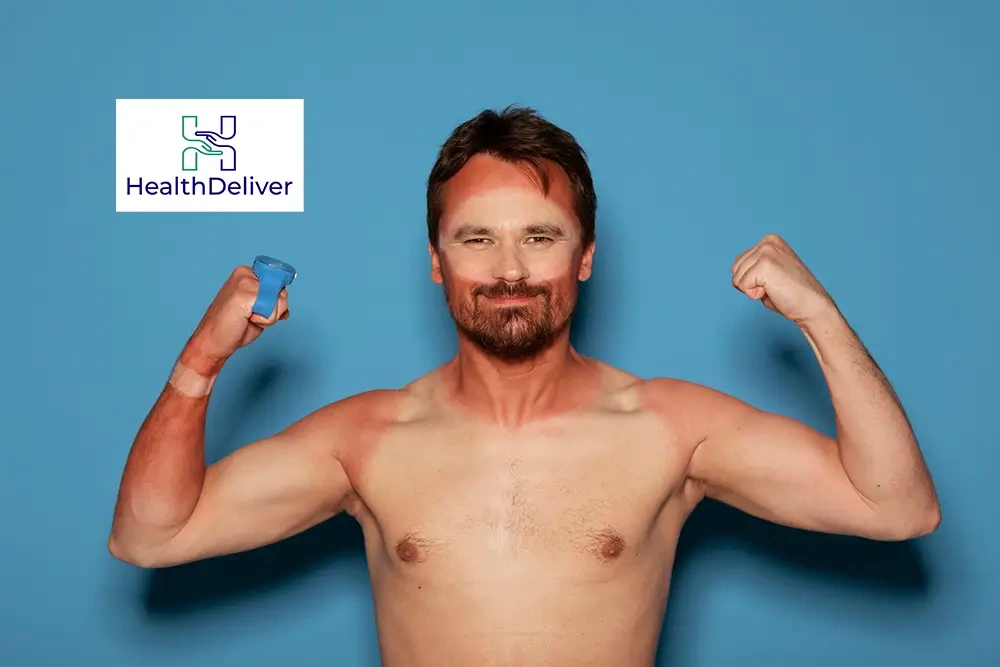 Shirtless man flexing muscles holding blue inhaler against blue background