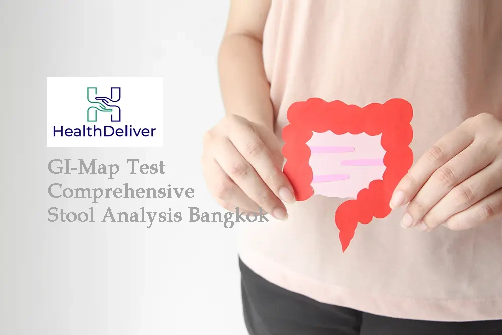 Person holding red colon illustration for GI-Map stool analysis test