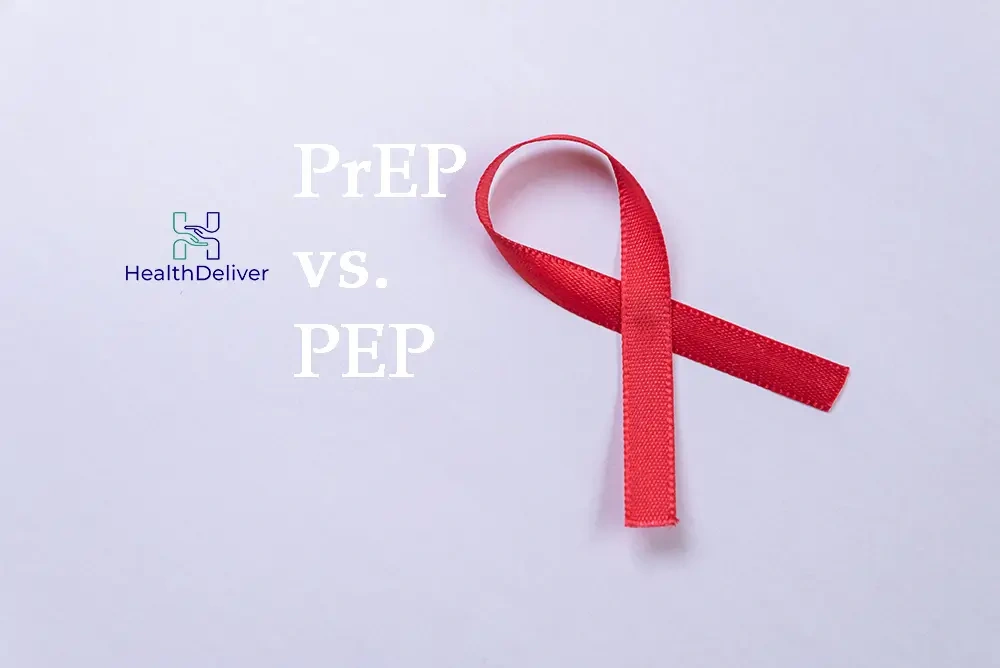 Red AIDS awareness ribbon with PrEP vs PEP text comparison