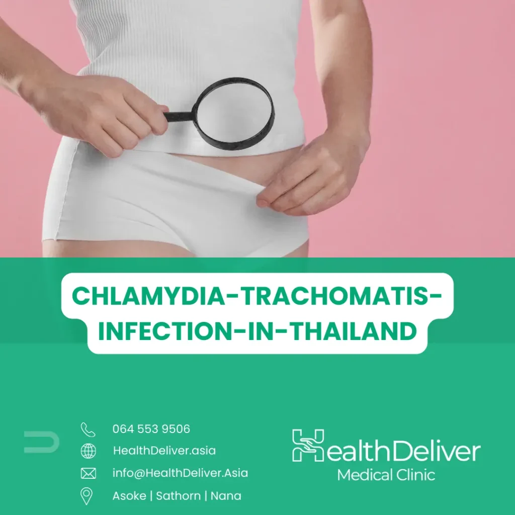 Woman examining stomach with magnifying glass for chlamydia trachomatis infection