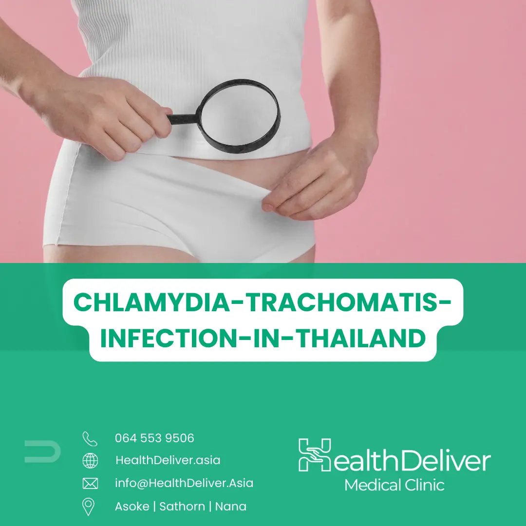 Woman examining stomach with magnifying glass for chlamydia trachomatis infection