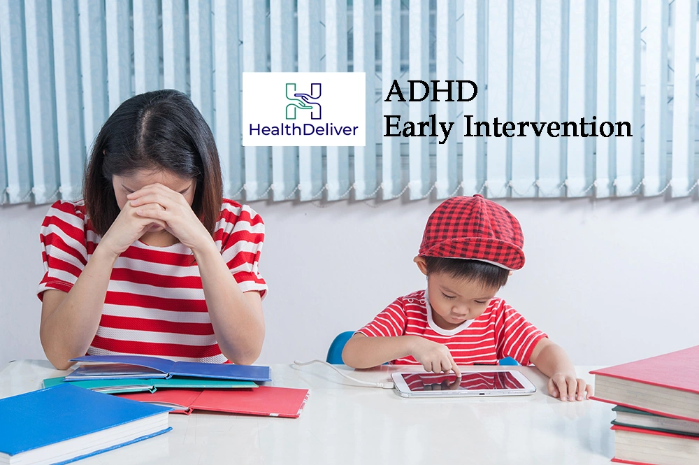 Girl studying with frustrated expression while boy uses tablet for ADHD early intervention