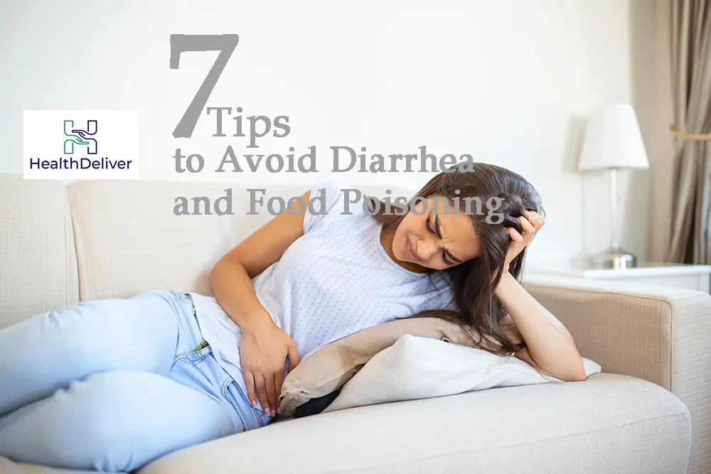 Woman experiencing stomach pain sitting on couch at home