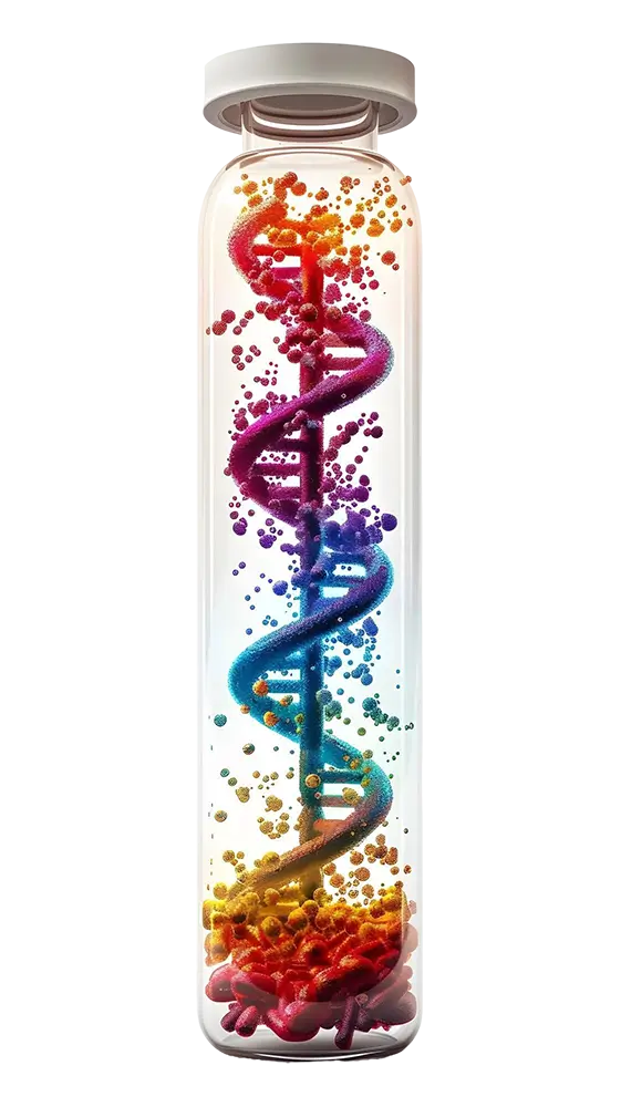 Colorful DNA double helix structure in glass tube with particles