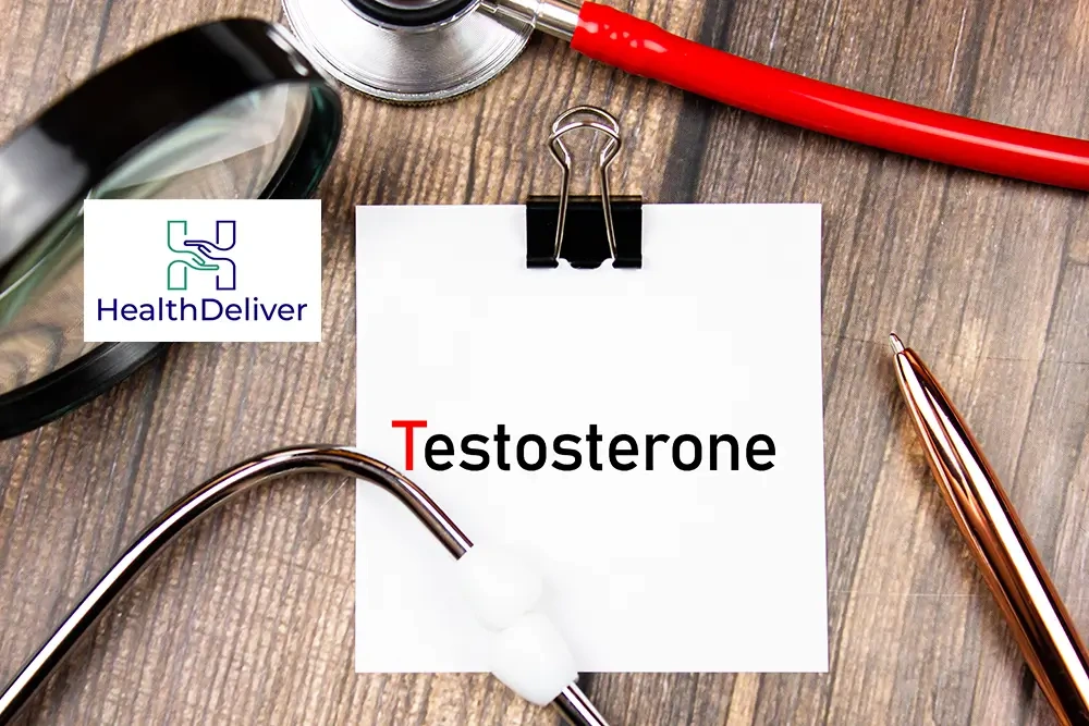 Medical workspace with testosterone document, stethoscope, and healthcare tools