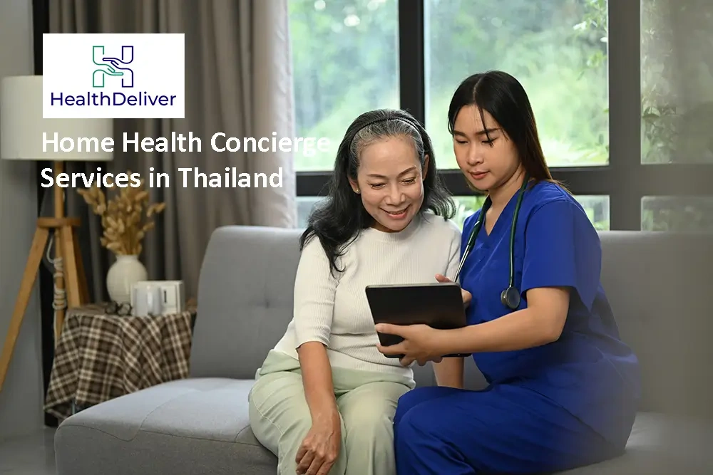 Healthcare provider consulting with senior patient using tablet at home