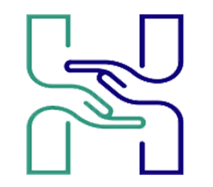 Two hands passing object between green and blue figures symbolizing cooperation