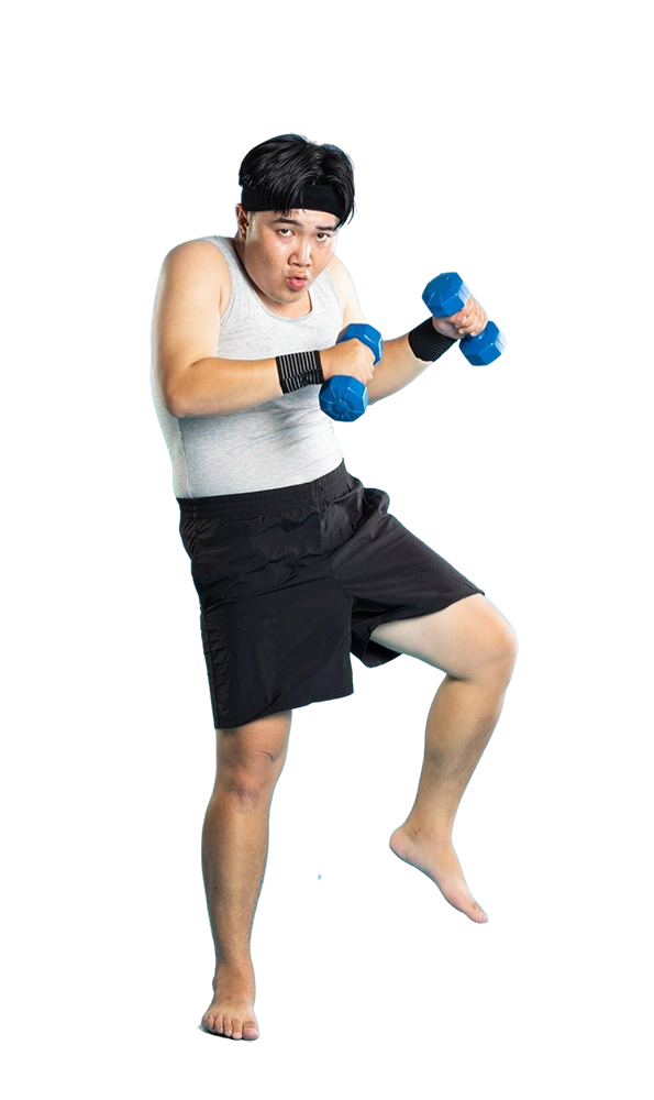 Asian man exercising with blue dumbbells jumping pose