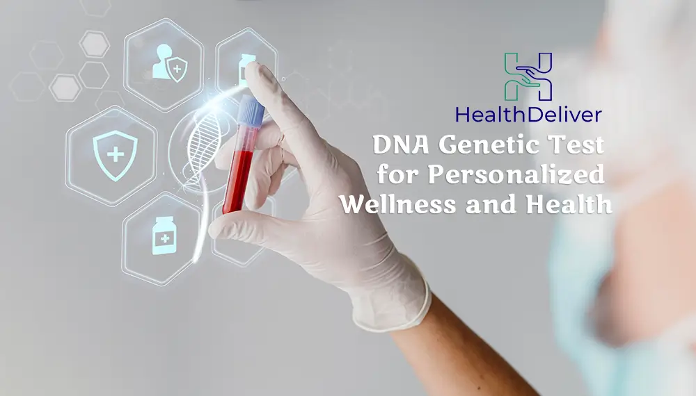 Healthcare professional holding DNA blood sample vial with genetic icons