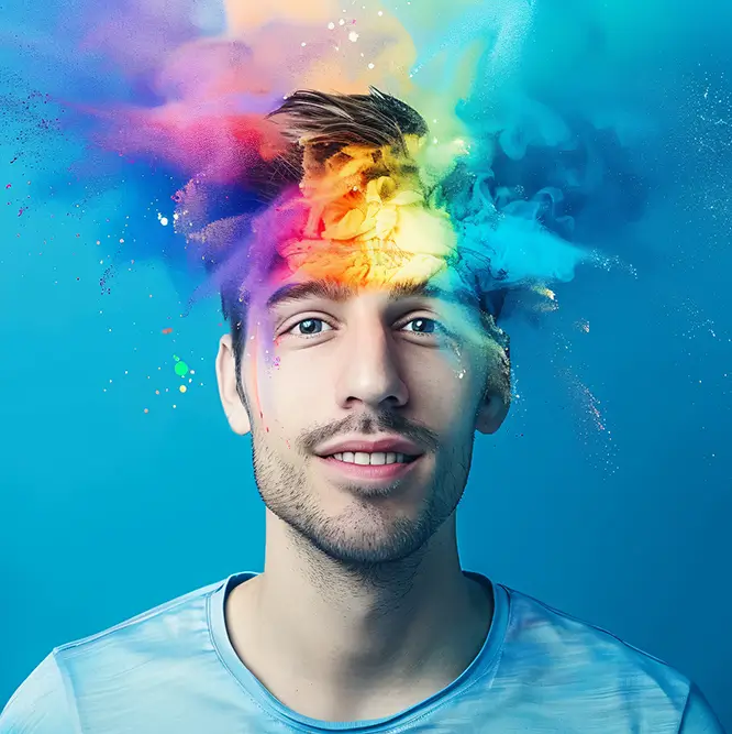 Man with colorful rainbow explosion emerging from head on blue background