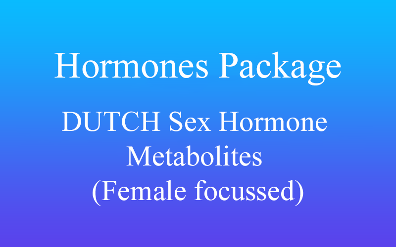 The DUTCH Sex Hormone Metabolites test measures progesterone, androgens, estrogens, DHEA, and their downstream metabolites to assess hormone production
