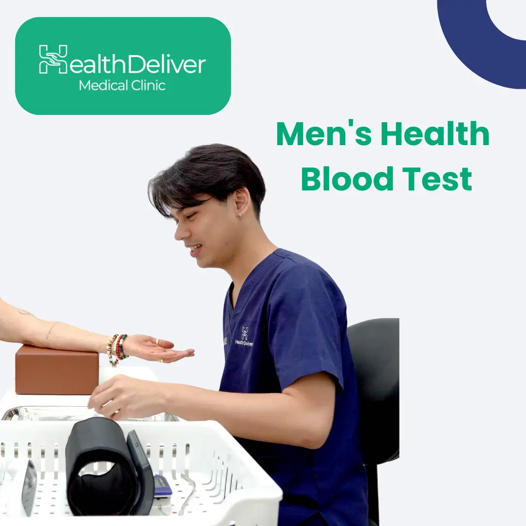 Healthcare professional performing men's health blood test at medical clinic