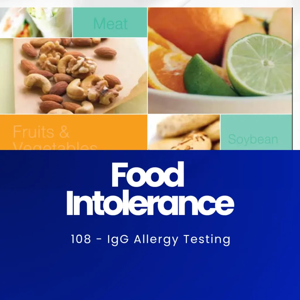 Food intolerance IgG allergy testing guide showing meat fruits vegetables soybean
