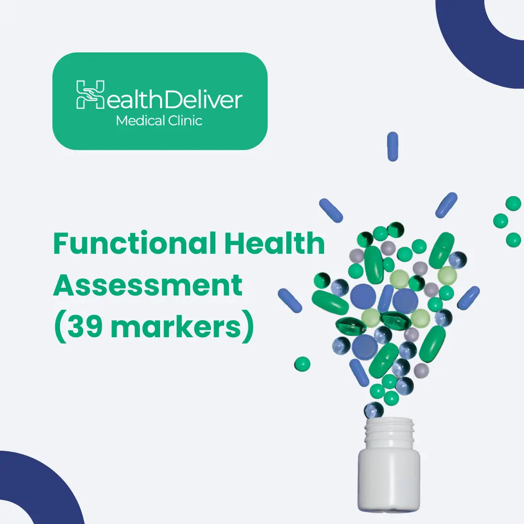 HealthDeliver Medical Clinic Functional Health Assessment 39 biomarkers pills bottle