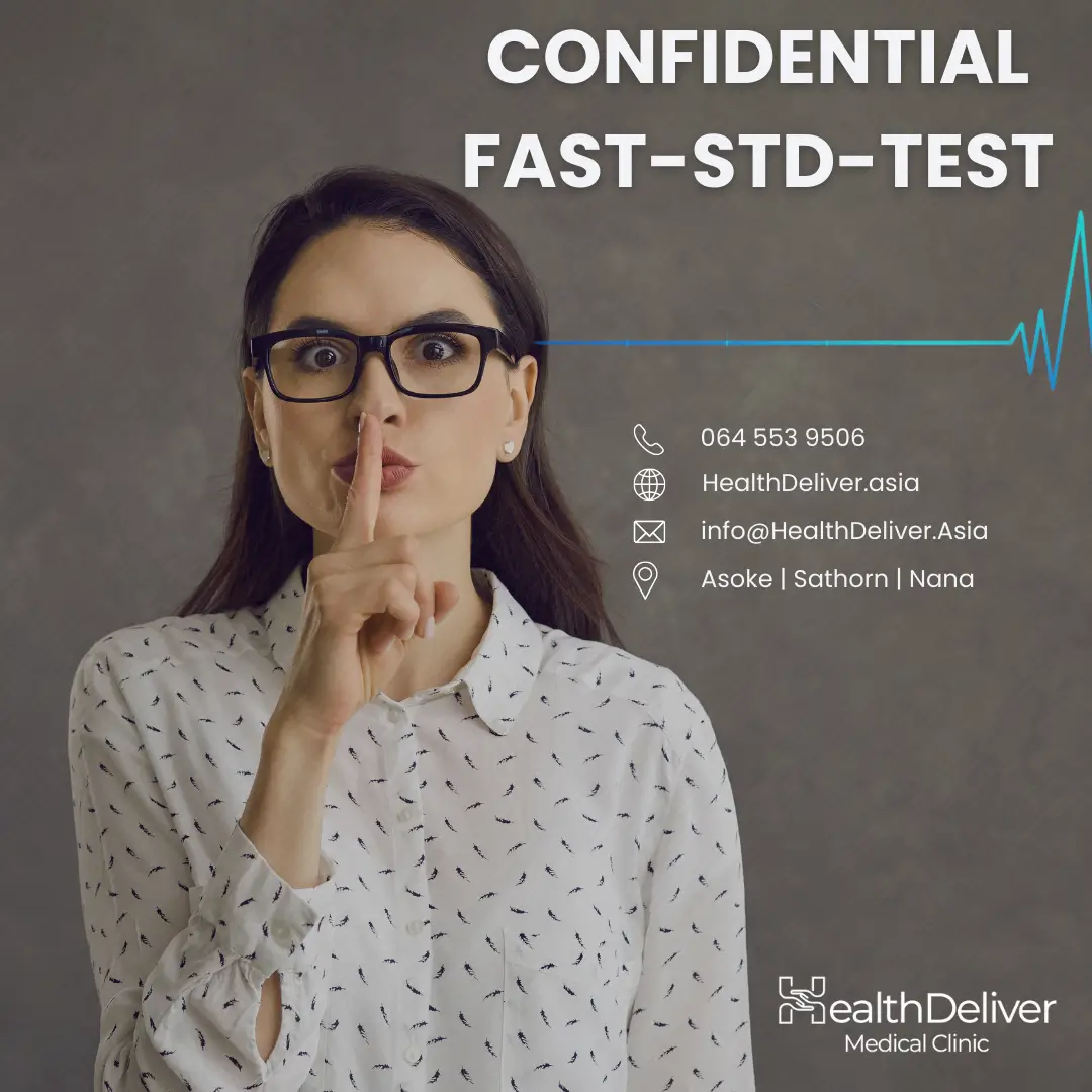 Woman with glasses making shush gesture for confidential STD testing service