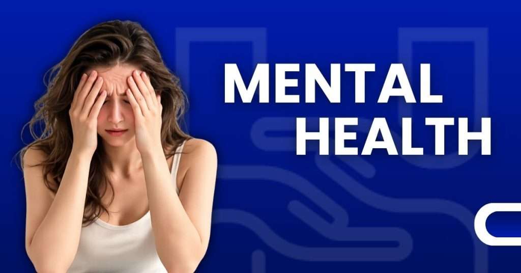 Woman experiencing stress and headache with mental health text overlay