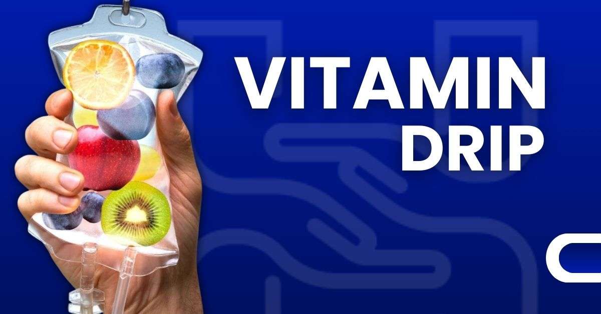 Hand holding IV drip bag filled with fresh fruits and vitamins