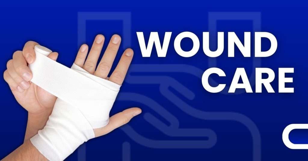 Hand wrapped in white bandage with wound care text on blue background