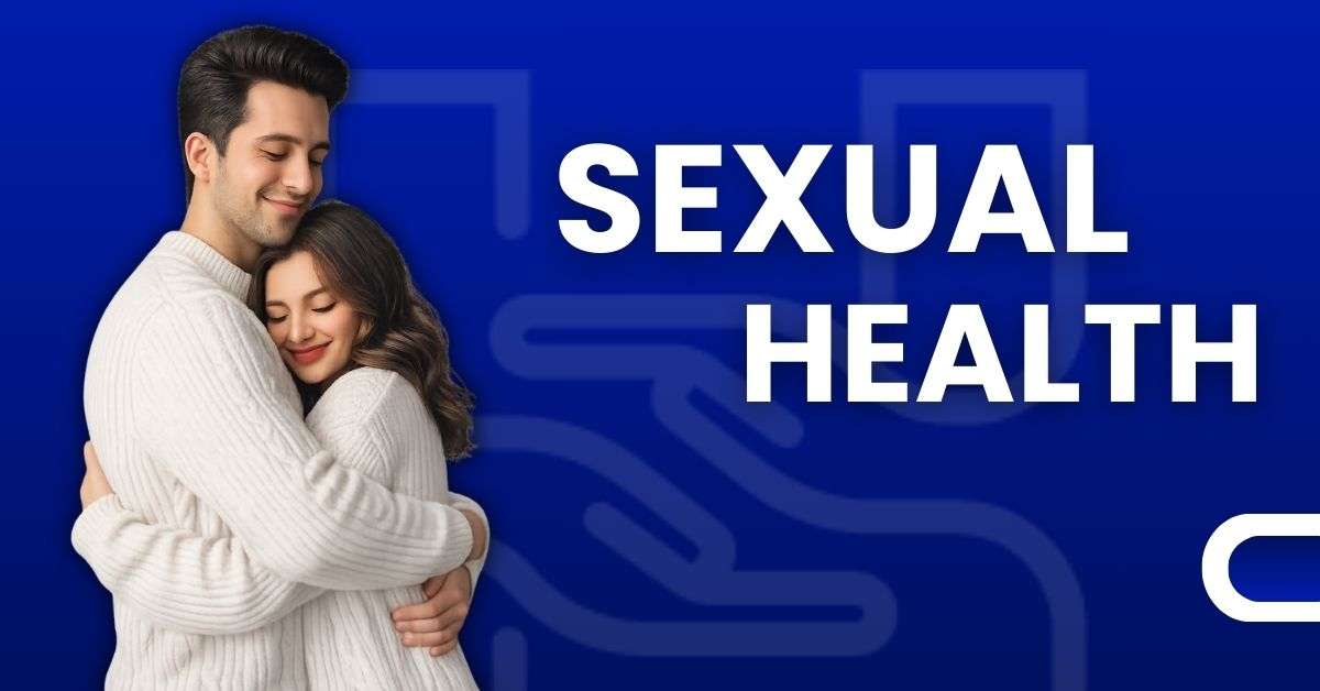 Couple embracing affectionately on blue sexual health background