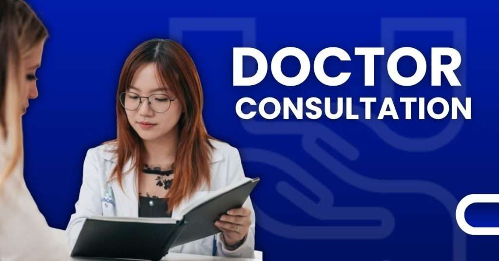 Female doctor reviewing patient medical records on digital tablet during consultation