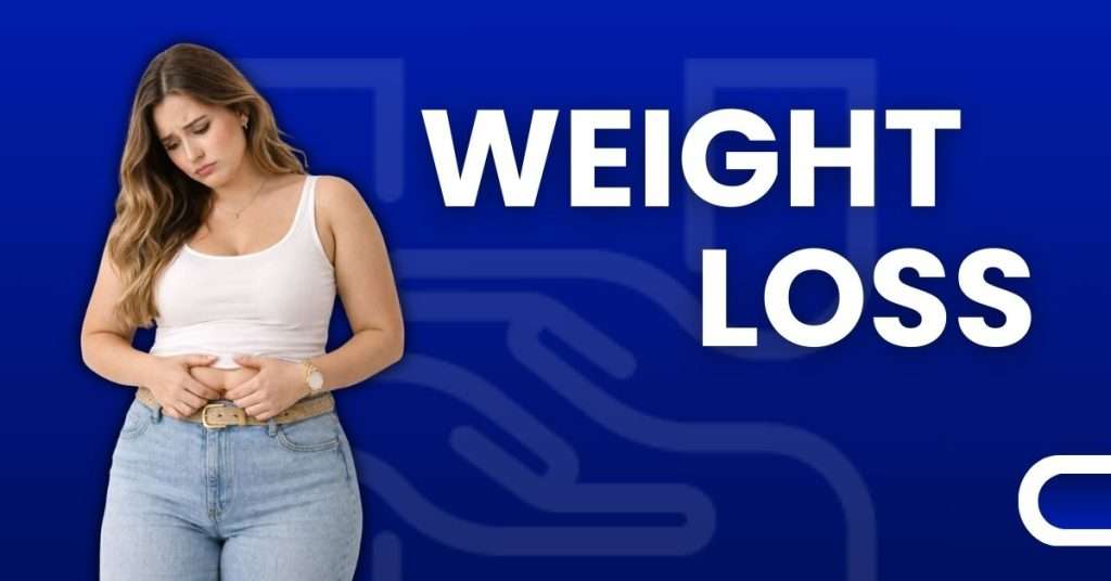 Woman measuring belly fat with text weight loss on blue background