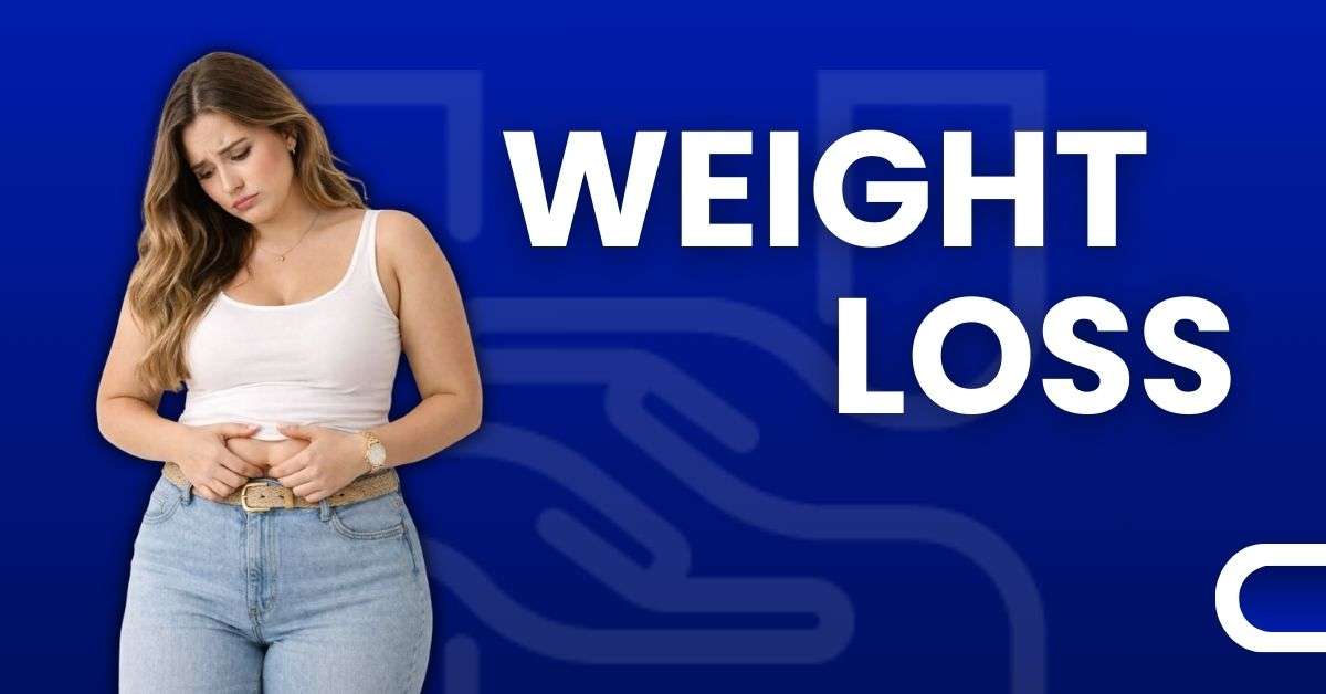Woman measuring belly fat with text weight loss on blue background