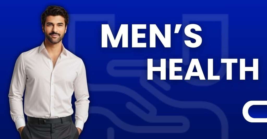 Professional man in white shirt with men's health text on blue background
