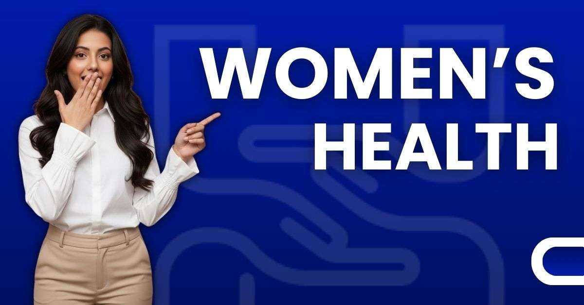 Woman in business attire pointing at women's health text on blue background