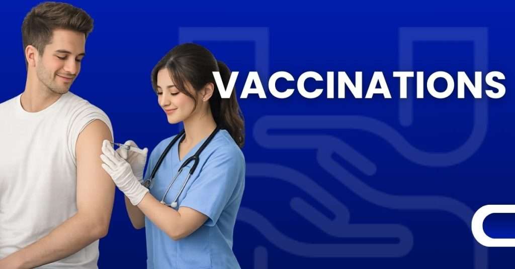 Healthcare worker administering vaccination to male patient on blue background
