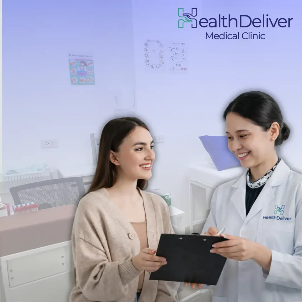 Healthcare provider consulting with patient holding tablet in medical clinic