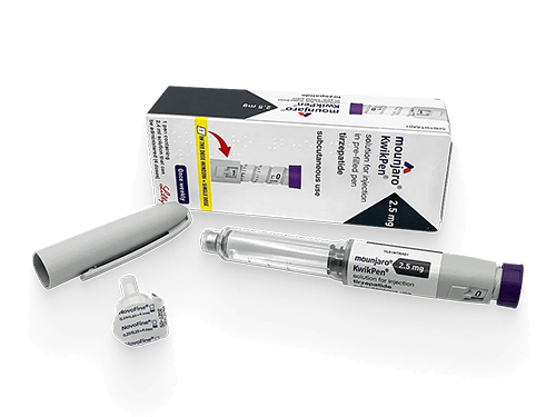 Mounjaro injection pen with medication cartridge and packaging box