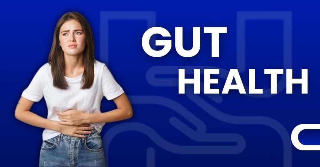 Woman holding stomach with gut health text on blue background