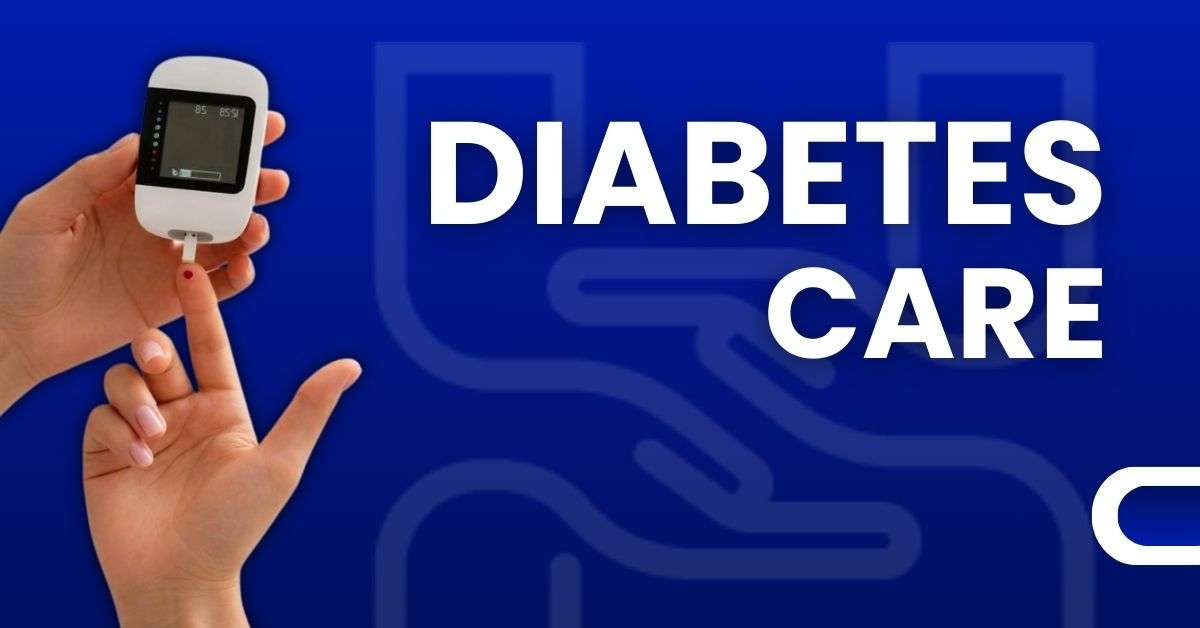 Hand holding glucose meter with diabetes care text on blue background