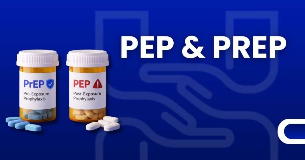 Two medication bottles showing PrEP and PEP prophylaxis treatments on blue background