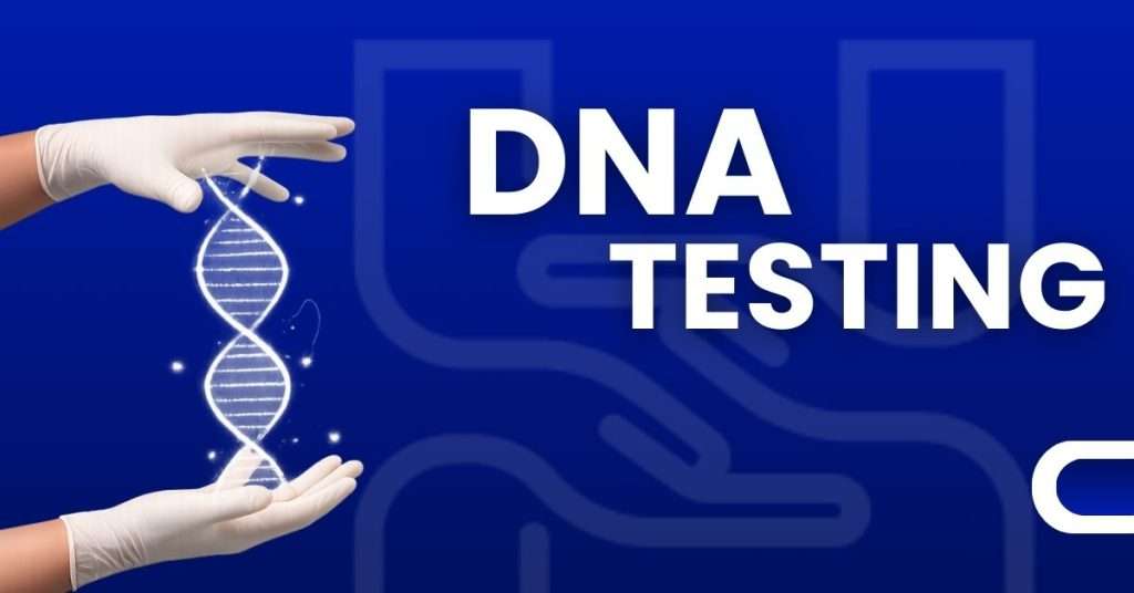 Gloved hands holding illuminated DNA helix structure on blue background
