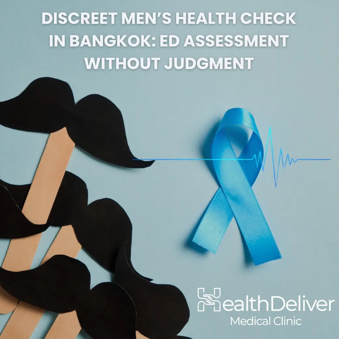 Doctor holding stethoscope with blue ribbon for men's health awareness