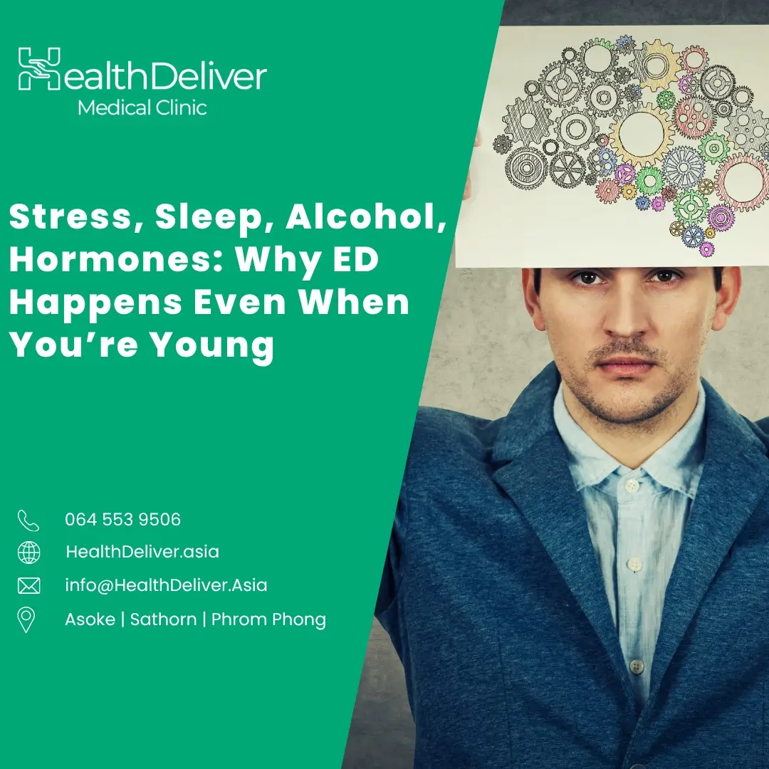 Young man with gears illustration representing erectile dysfunction causes and treatment options