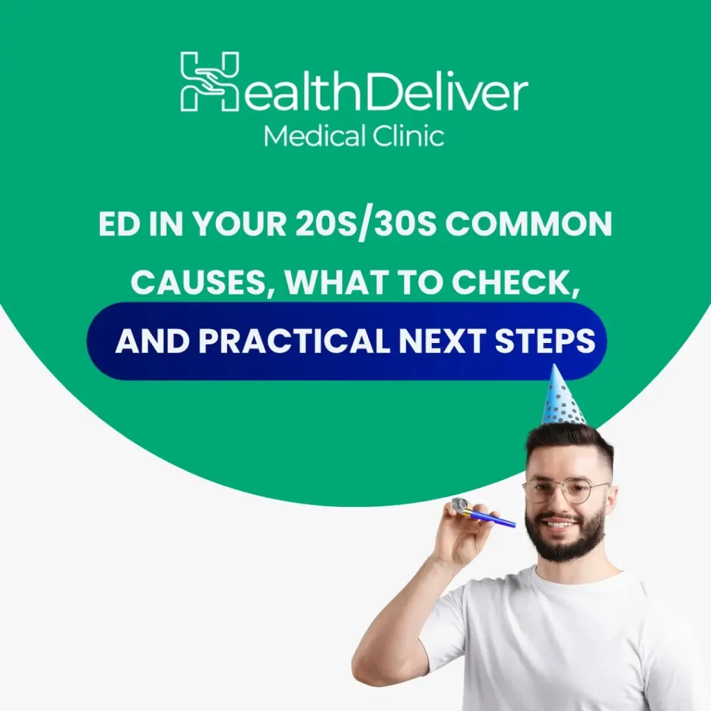 Young man wearing party hat holding pen for erectile dysfunction assessment