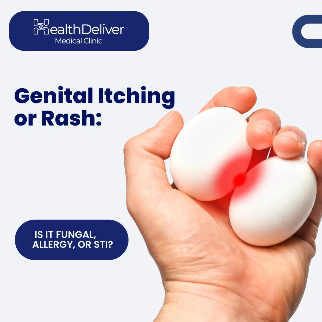Hand holding white spheres with red inflammation highlighting genital itching rash condition