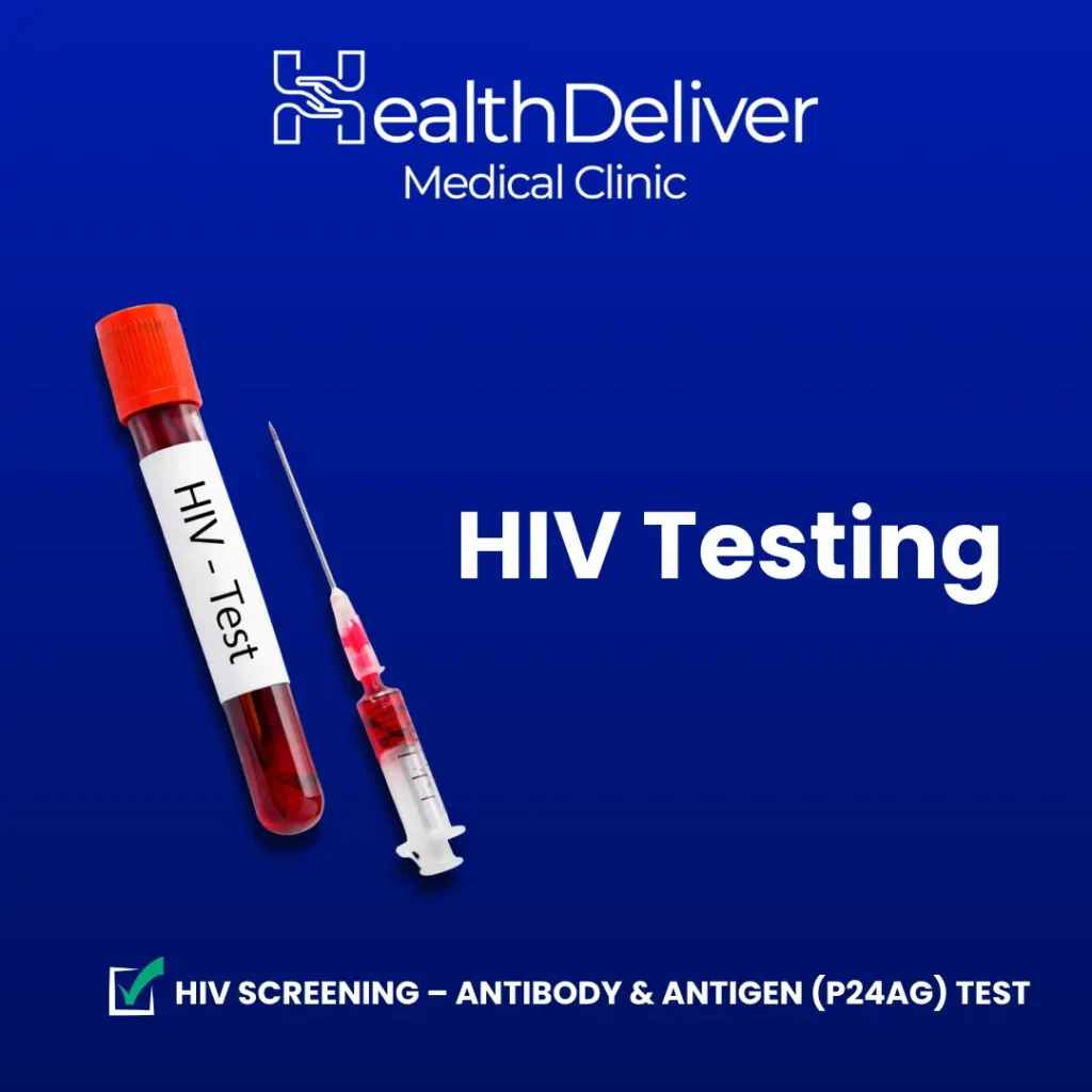HIV test blood sample tube and syringe on blue background
