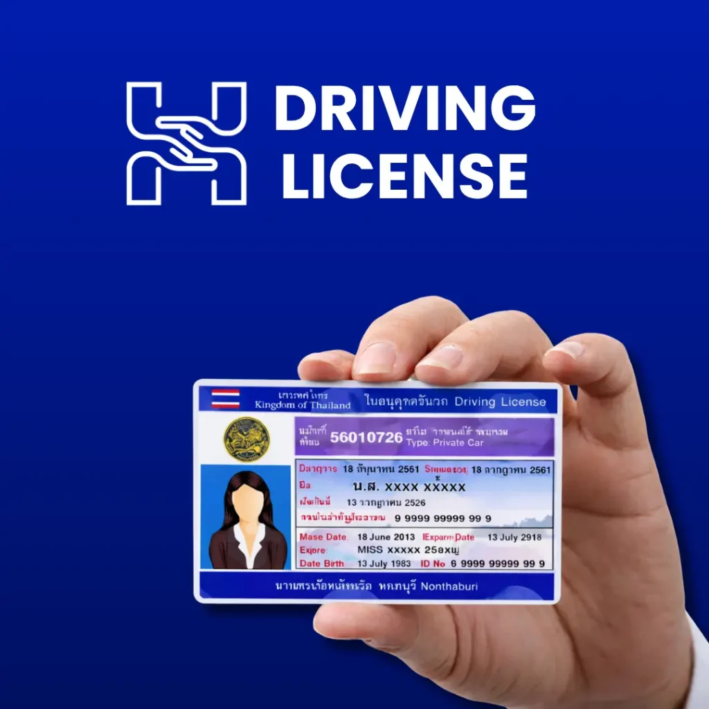 Hand holding Thai driving license card on blue background